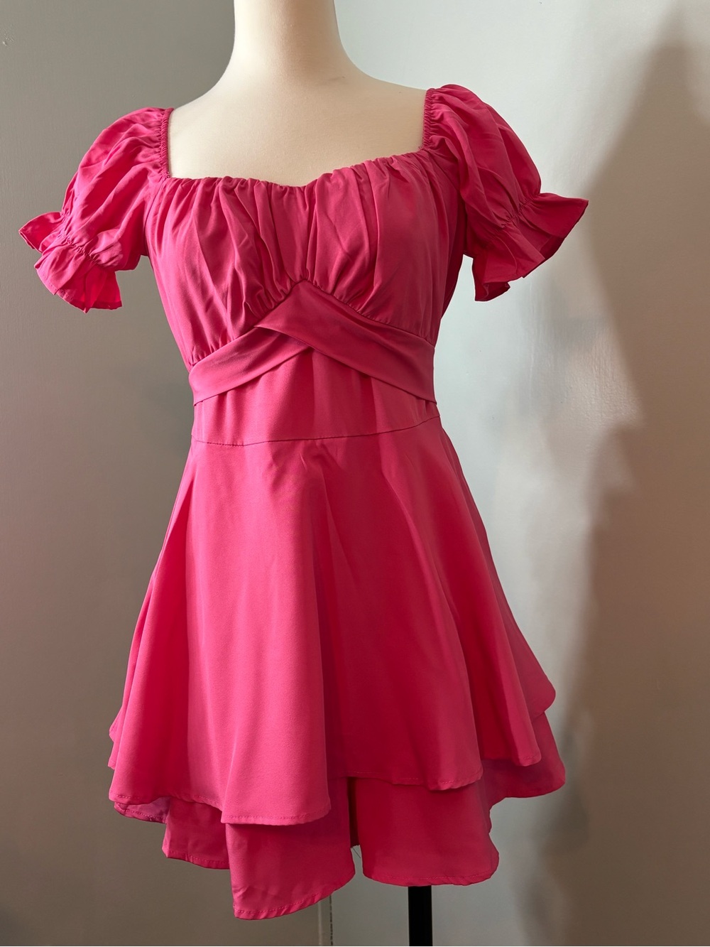 Fuchsia Puff-Sleeve Square Neck Mini Dress/shorts Romper